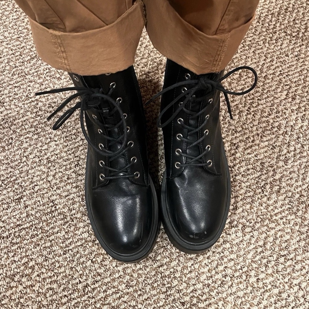 SHEIN Black Faux Leather Lace Up Platform Combat Boots - Picture 12 of 16